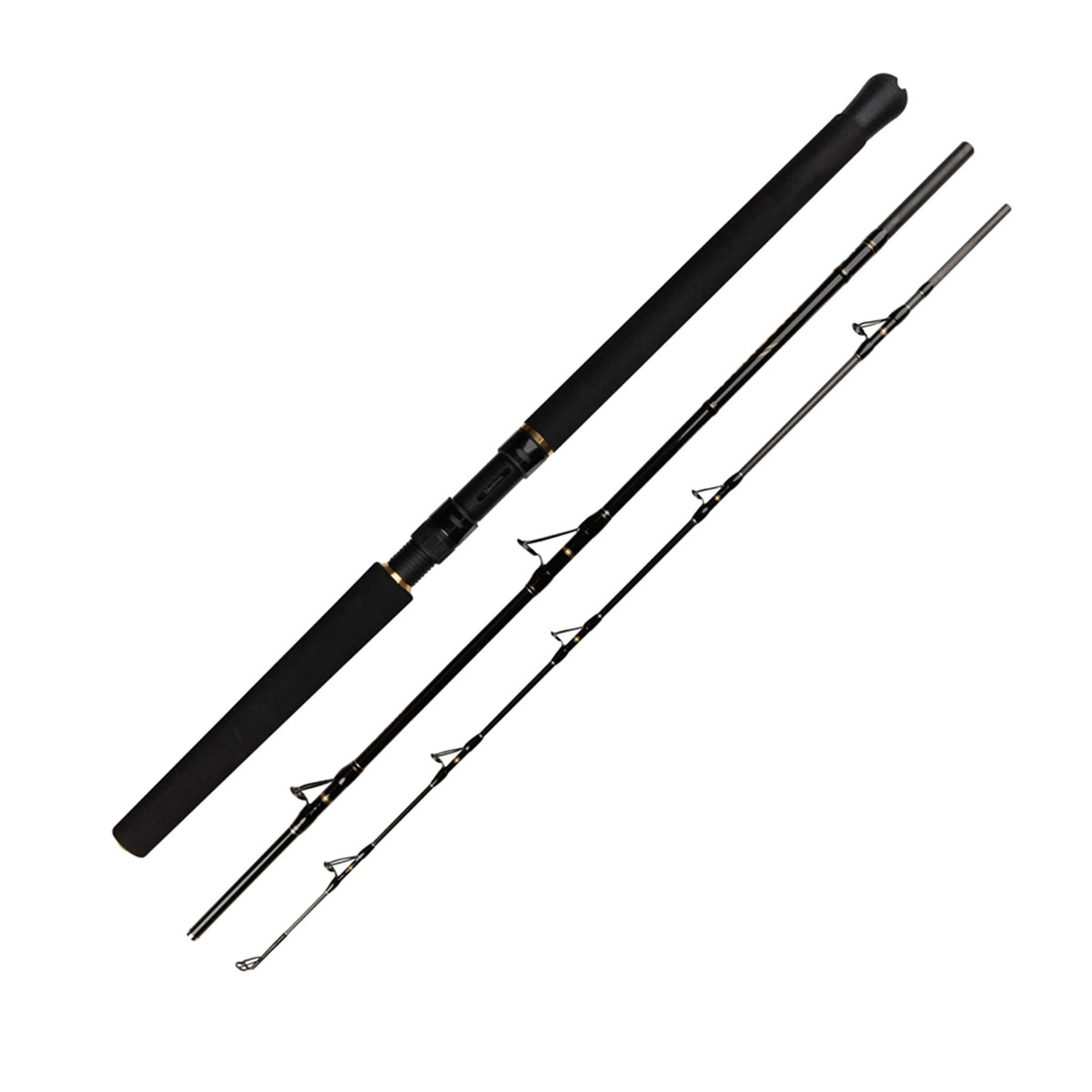 Daiwa Super Kenzaki Travel 3-delat spinnspö 7 30-50 lb, kolfiberklinga, rullfäste och linförarringar på vit bakgrund.