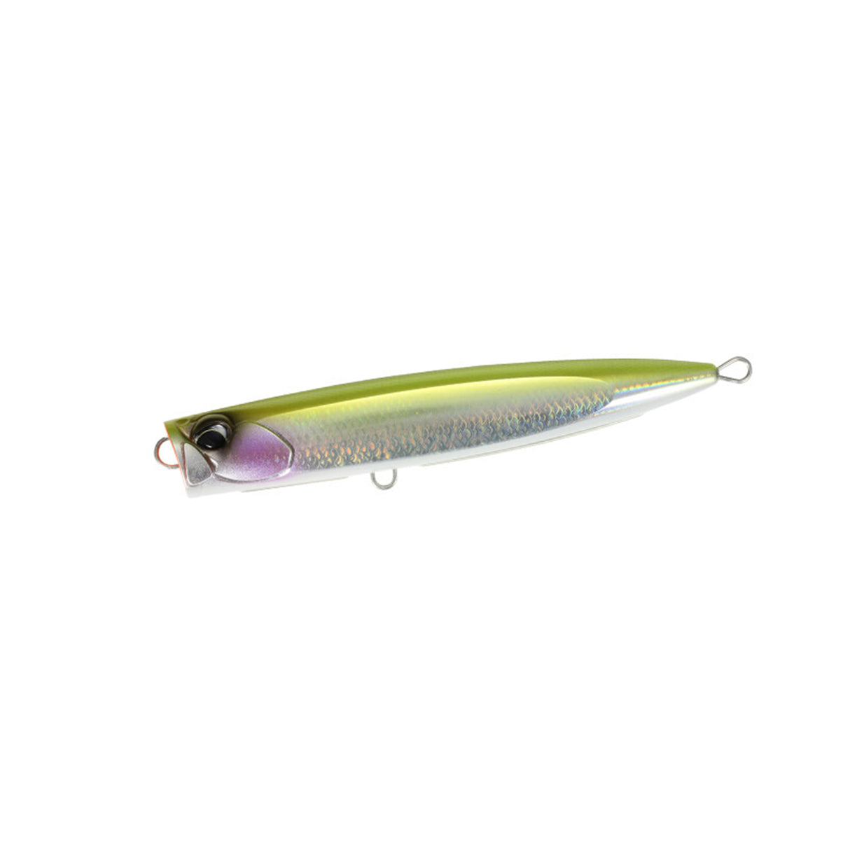 DUO Rough Trail Bubbly 185F ytbetesfisk med grön-gul rygg, silvriga sidor och realistiska ögon - idealisk för yellowtail och GT-fiske.