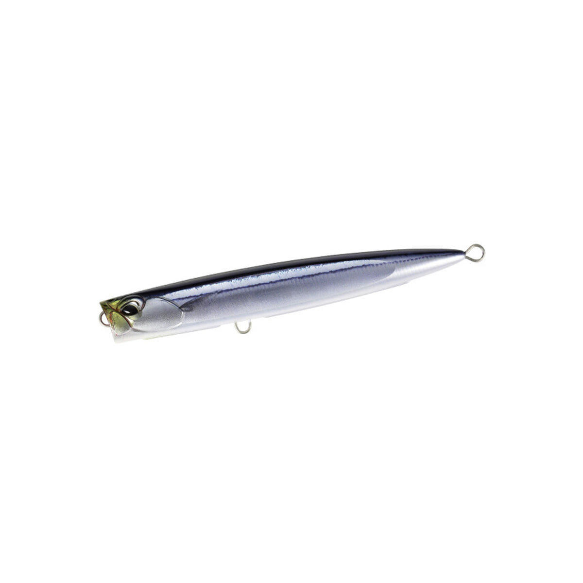 DUO Rough Trail Bubbly 225F Live Saury popper i silver och blått, perfekt för tropiskt ytfiske efter stora rovfiskar.