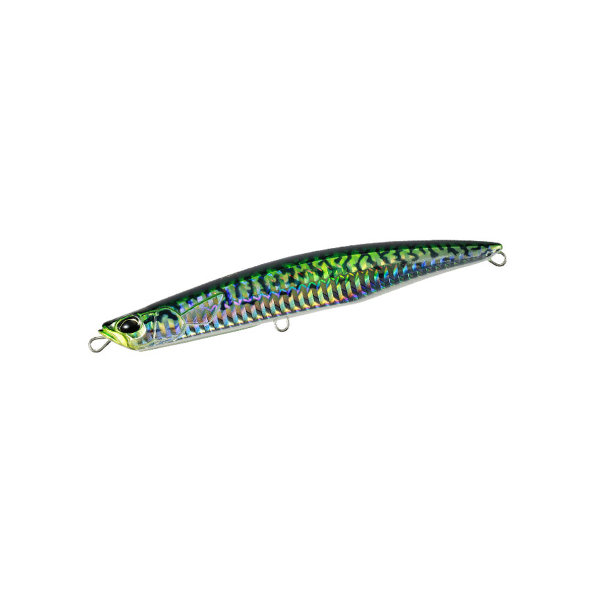 DUO Rough Trail Malice 130 Mackerel HD, fiskedrag med grön-blå-gul yta och dubbla öglor för havsfiske och jig-minnow.