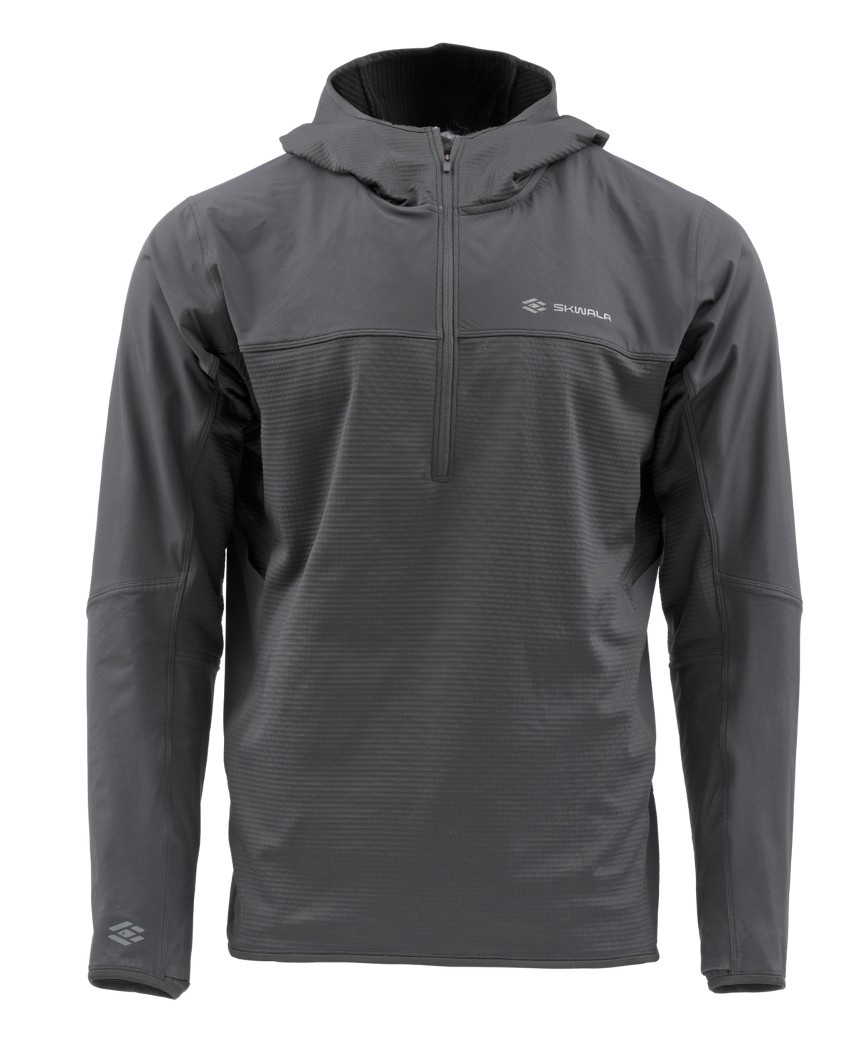 Skwala Fishing Fusion Tactical Hoody i mörkgrå fleece med huva, halv dragkedja och diskreta loggor - perfekt för fiskeäventyr.