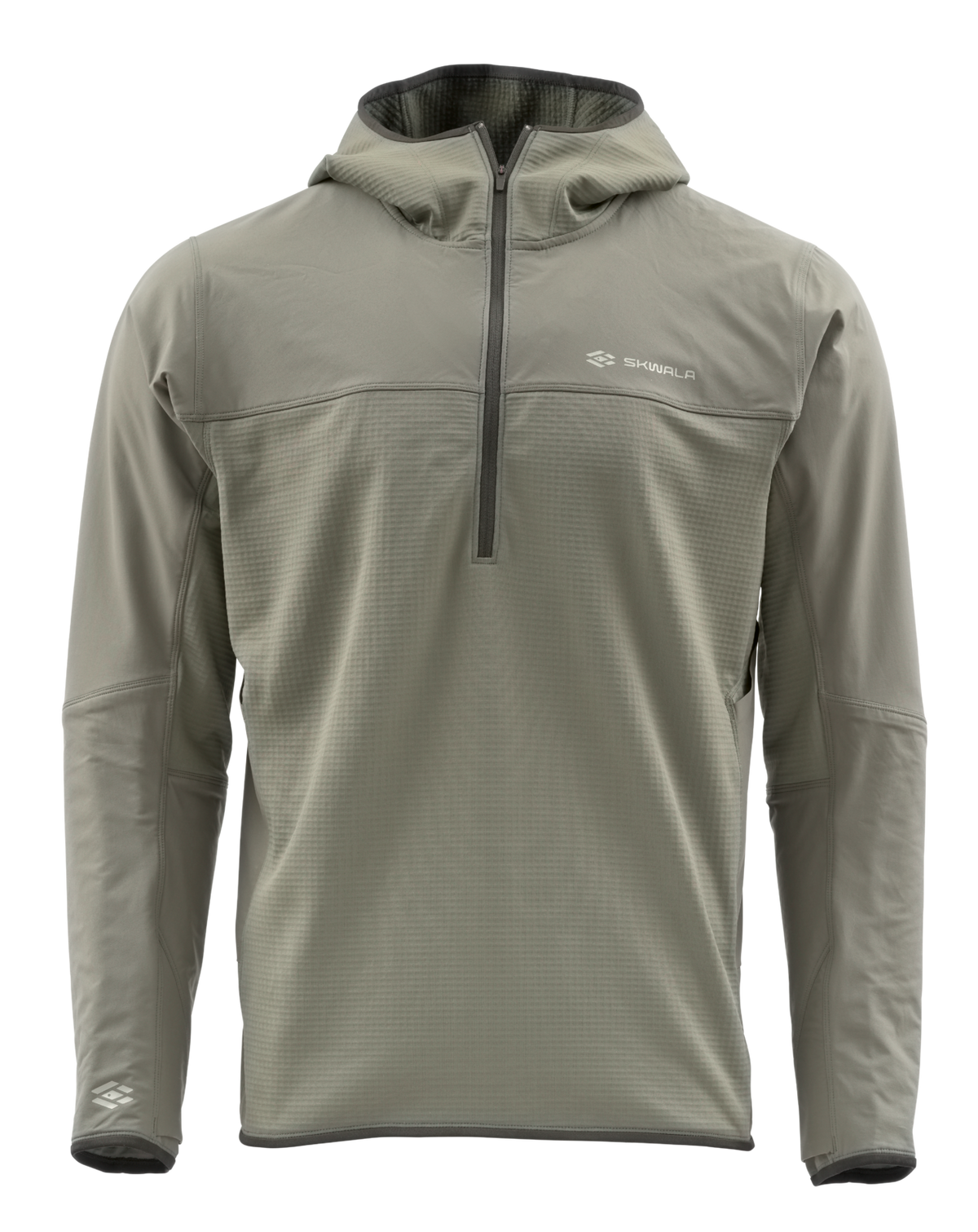 Skwala Fusion Tactical Hoody: ljusgrå fleece med dragkedja, lång ärm och diskreta logotyper. Perfekt för fiskeäventyr.