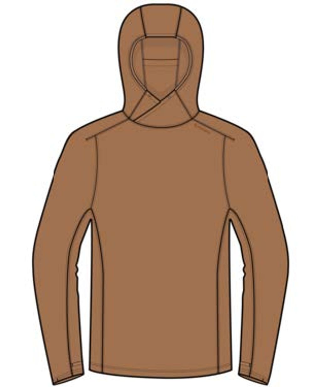 Framsida av Simms Solarflex Hoody: brun fiskröja med huva, synliga sömmar, andningsaktivt tyg och UPF 50+ solskydd.