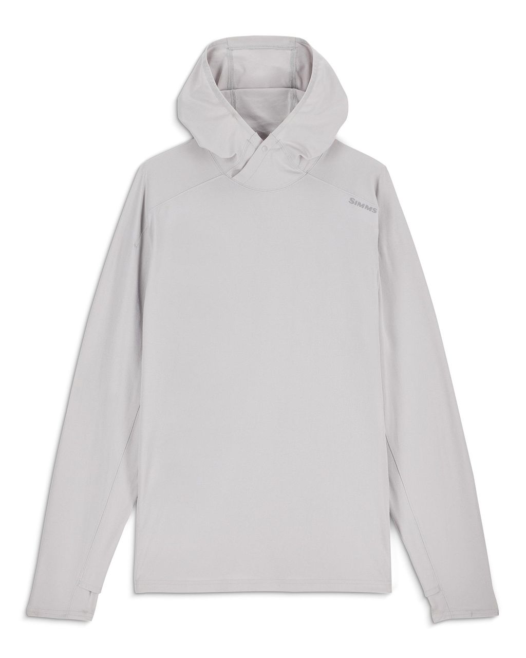 LjusgrÄ Simms Solarflex Hoody med UPF 50+, lÄng Àrm, huva och logga. Perfekt för fiskeÀventyr och solskydd.