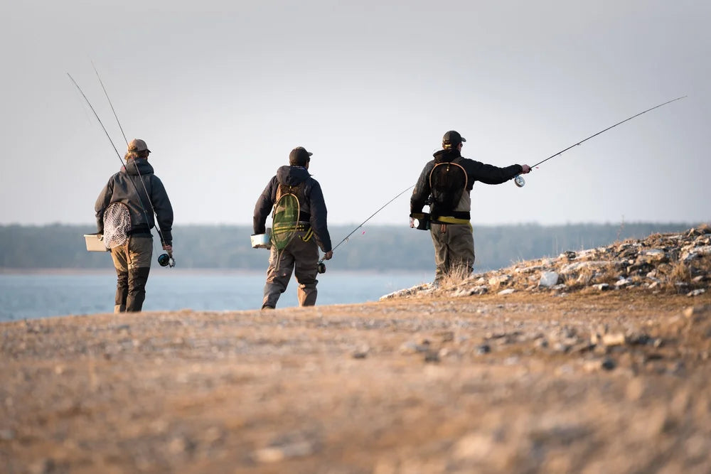 Tre sportfiskare med ryggsäckar och fiskespön går längs en stenig strand mot vattnet under en molnig fiskeresa.