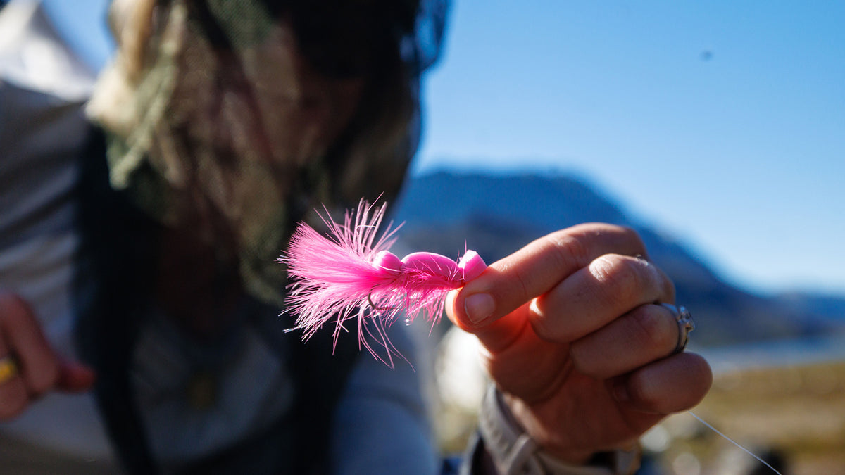En sportfiskare visar upp ett rosa, fjäderprytt drag mot kameran med suddiga berg och blå himmel i bakgrunden under en fiskeresa.