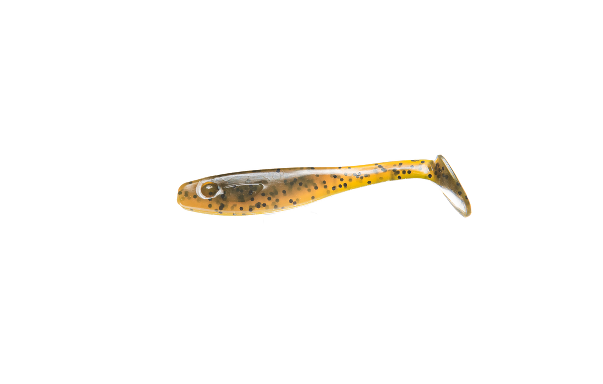 RenzStein RenzShad 7cm, mjuk jiggfiskebete, fiskformad med gul färg, svarta prickar och paddelstjärt på vit bakgrund.