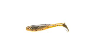 RenzStein RenzShad 7cm, mjuk jiggfiskebete, fiskformad med gul färg, svarta prickar och paddelstjärt på vit bakgrund.