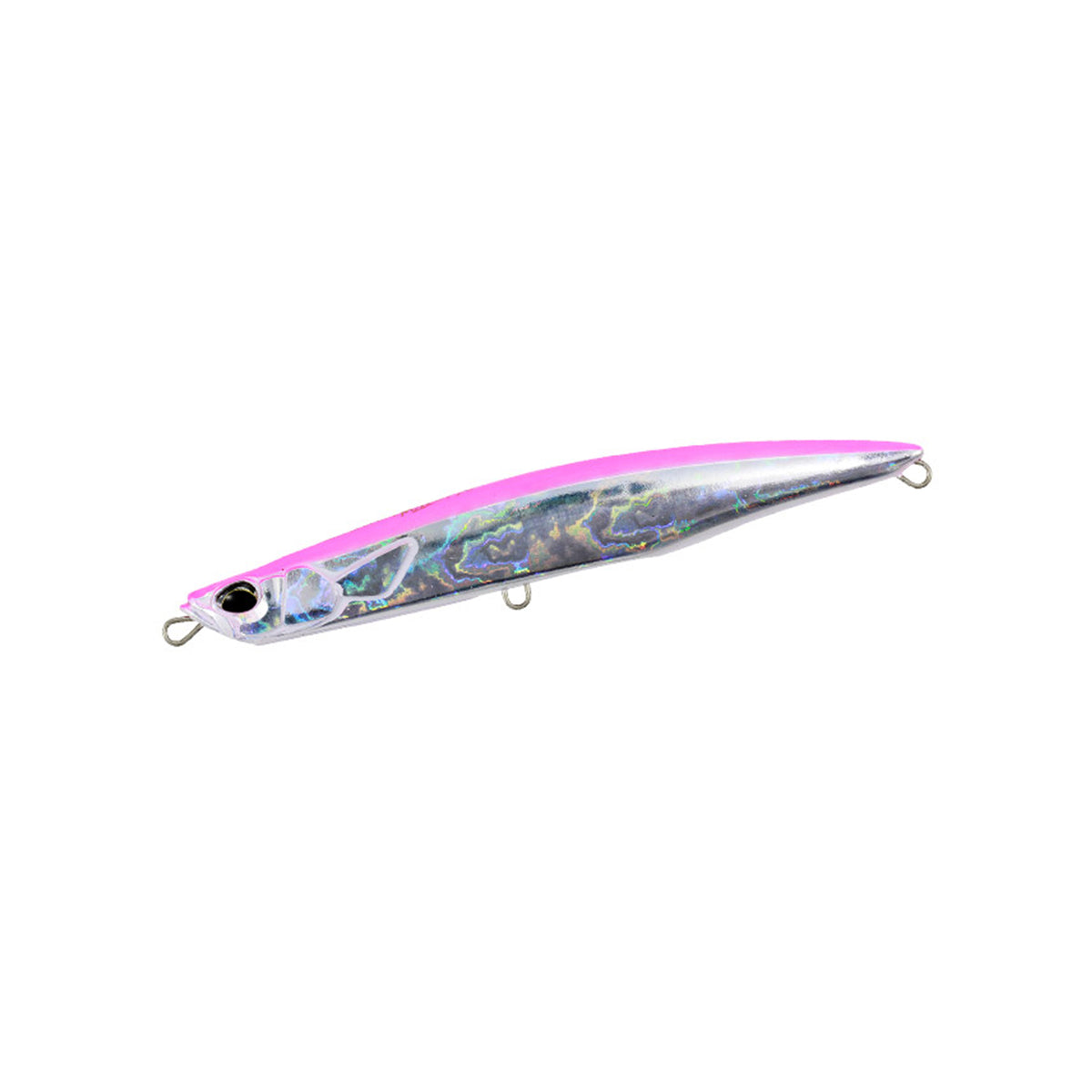 DUO Rough Trail Malice 130 drag i rosa för offshore-fiske, metallisk kropp, realistiskt öga, perfekt för pelagiska arter.