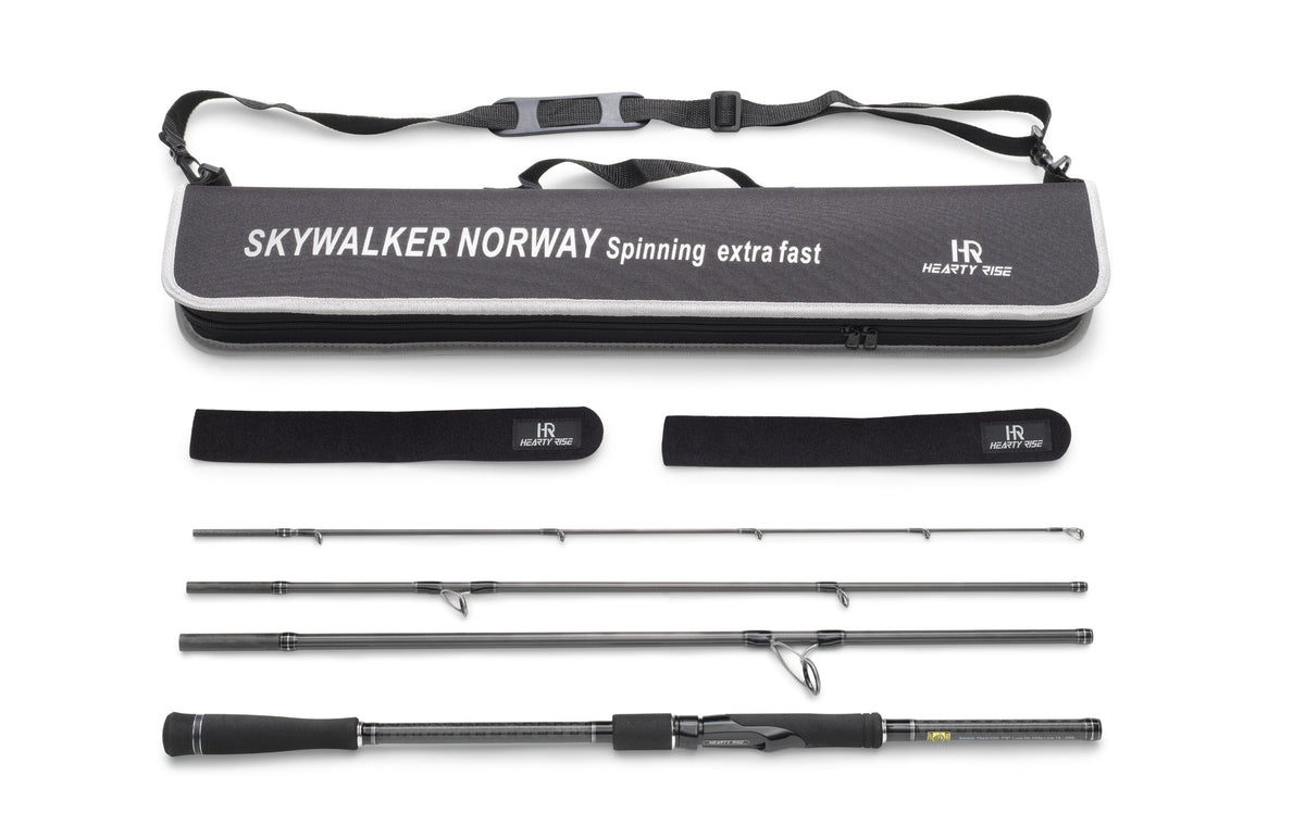 Hearty Rise SKWALKER NORWAY SPINNING 2,36m resespö 50-150g, svart handtag, fodral och grå spöväska på vit bakgrund.