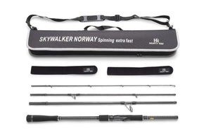 Hearty Rise SKWALKER NORWAY SPINNING 2,36m resespö 50-150g, svart handtag, fodral och grå spöväska på vit bakgrund.
