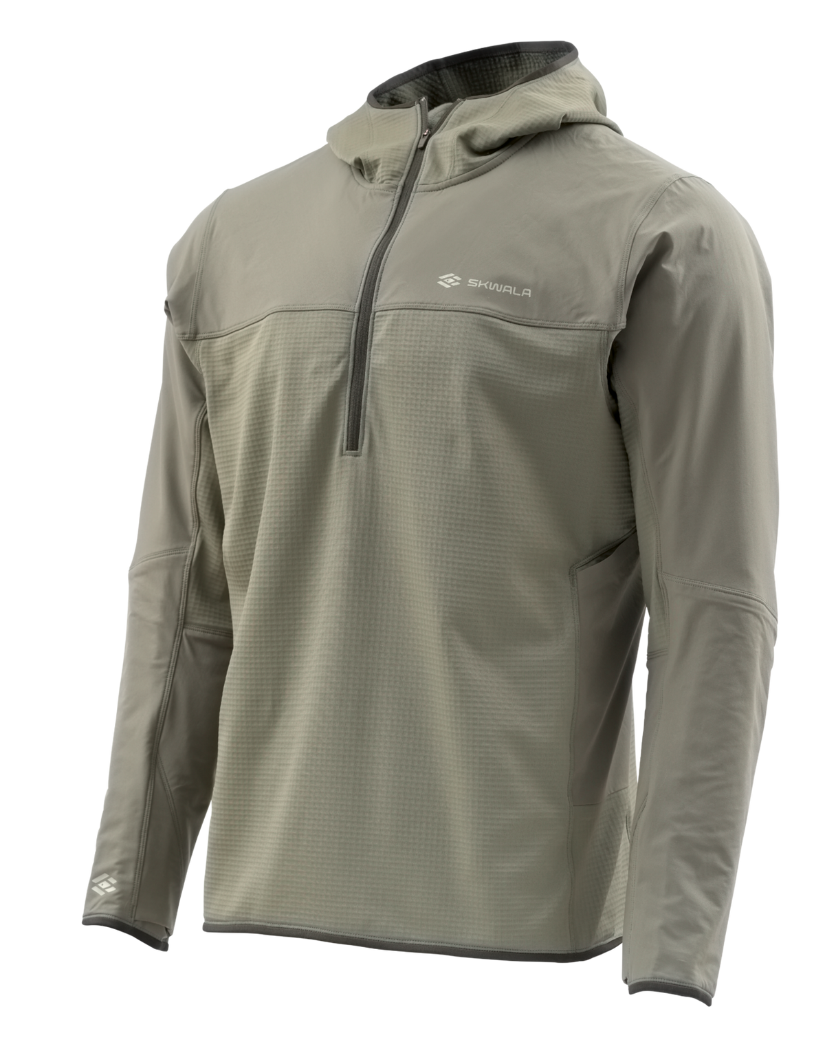 Skwala Fishing Fusion Tactical Hoody i ljusgrå fleece för fiskeäventyr, lång ärm, kvartslång dragkedja och bröstlogo.