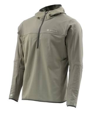 Skwala Fishing Fusion Tactical Hoody i ljusgrå fleece för fiskeäventyr, lång ärm, kvartslång dragkedja och bröstlogo.