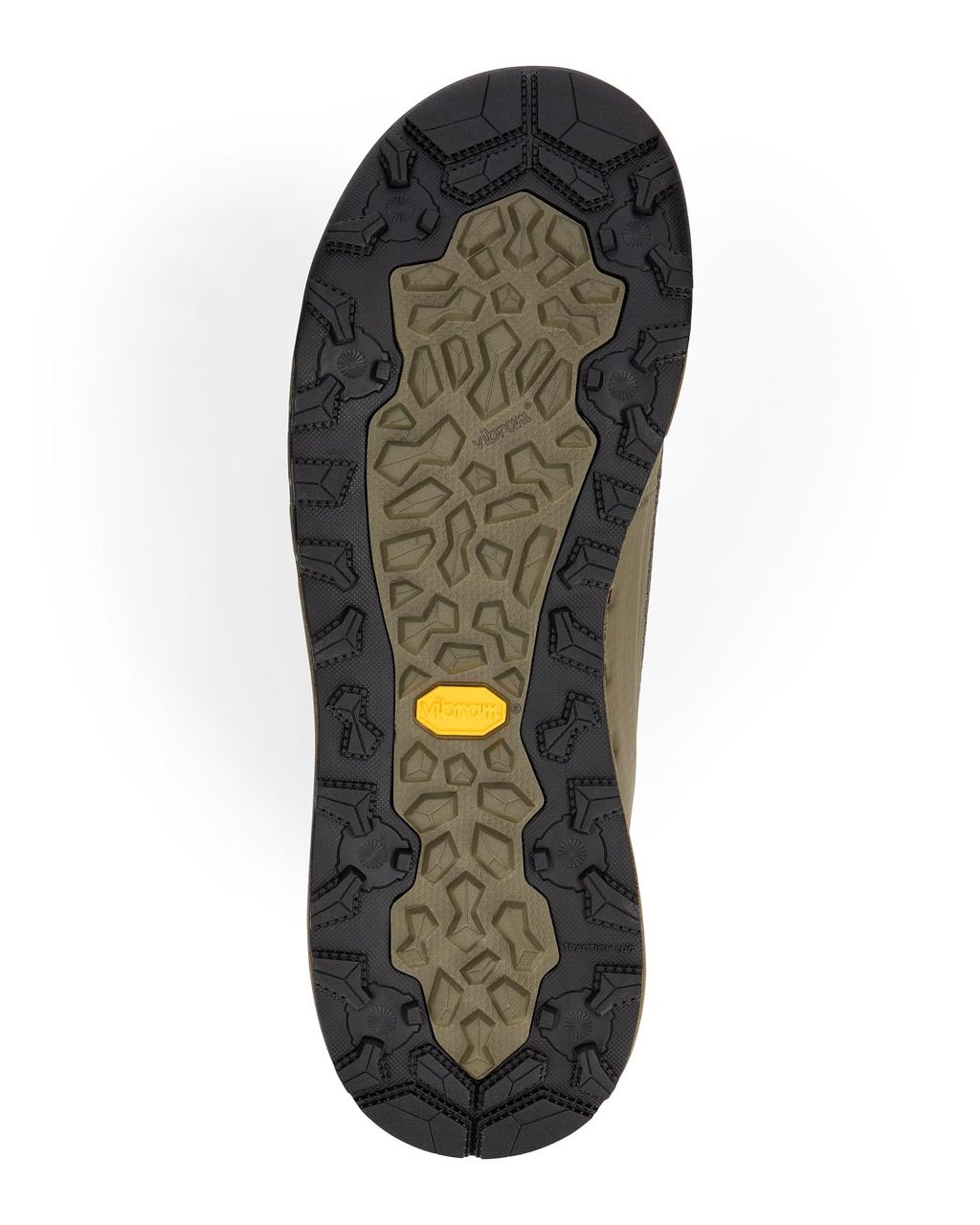 Simms Access Boot har robust olivgrön sula, svart kant och gul Vibram-logga. Perfekt grepp vid flugfiske och vandring i vatten.