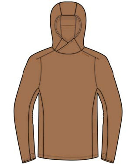 Framsida av Simms Solarflex Hoody: brun fiskröja med huva, synliga sömmar, andningsaktivt tyg och UPF 50+ solskydd.
