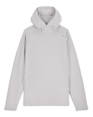 Ljusgrå Simms Solarflex Hoody med UPF 50+, lång ärm, huva och logga. Perfekt för fiskeäventyr och solskydd.